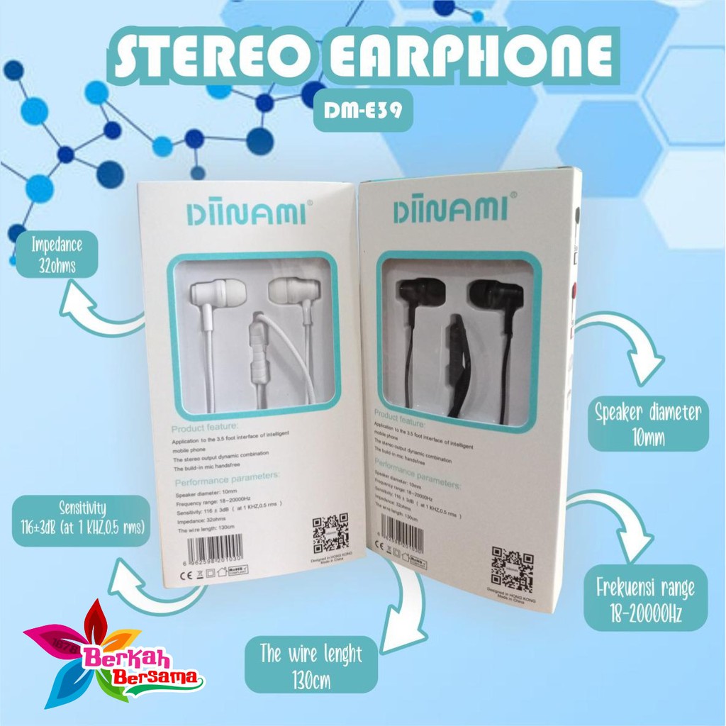 BM031 Headset DIINAMI E39 stereo Earphone Bass Android iPhone Original With MIC - Garansi 1 Tahun BB5395