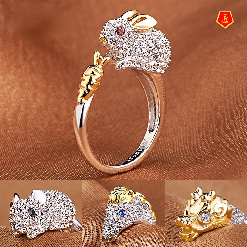 [Ready Stock]12 Zodiac Ring Female Platinum Animal Ring Creative and Elegant