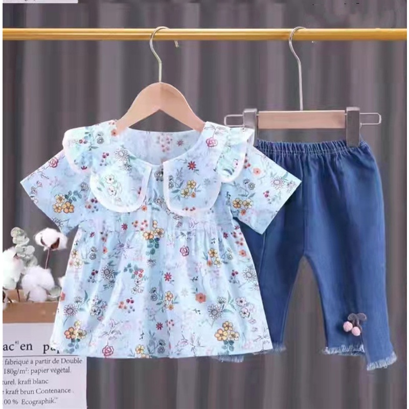 Setelan anak perempuan atasan jins cherry import 1-4 tahun/ Baju Setelan kemeja Setelan Jeans anak cewek tanggung