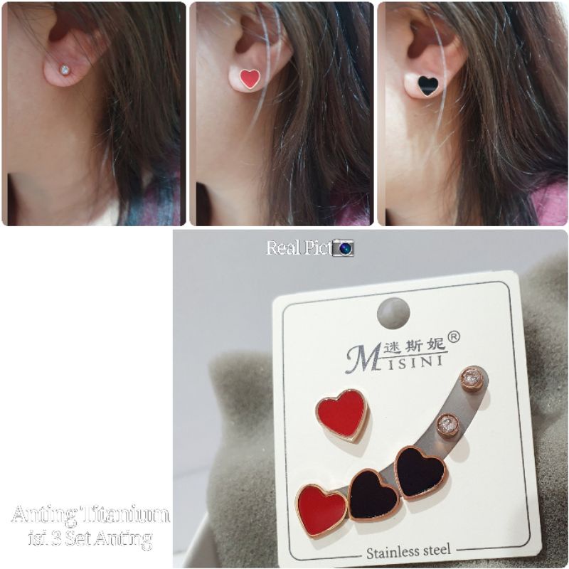 Anting Titanium asli rosegold Isi 3 set Anti karat anti alergi Earring Anting Set Stainless steel ori Set 838