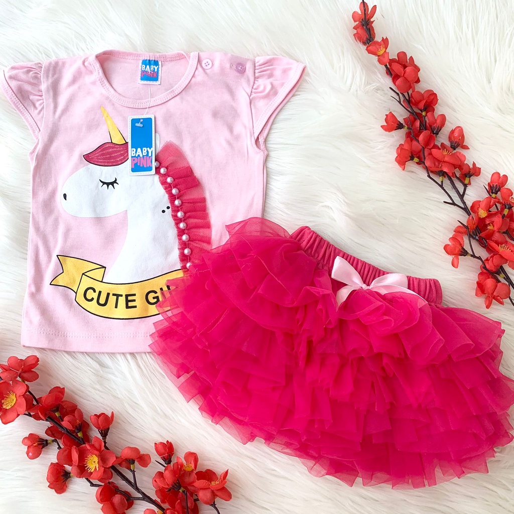 Setelan baju kaos rok bandana lucu pergi hangout fashion anak bayi cewek perempuan baby girl -uni