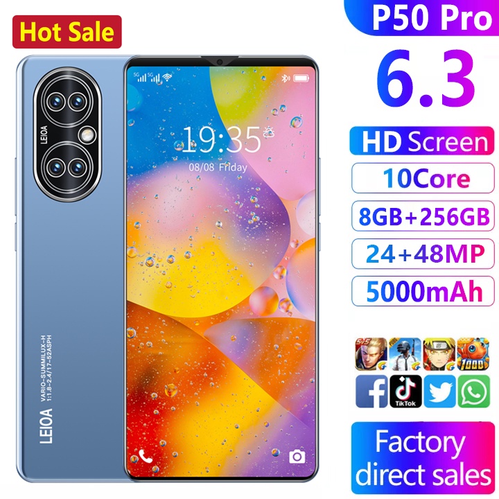 Original promo HP Murah  Smartphone P50 Pro Global Ponsel Pintar 8GB + 256 GB Versi Global 6.3 Inci  Bluetooth Dual SIM Sidik Jari Membuka