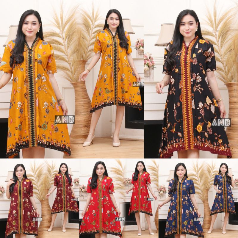 DRESS BATIK UNGGUL JAYA // DRES PENDEK MERAH KUNING NAVY MODERN // TUNIK BATIK CIBULAN PRIMIS JUMBO 