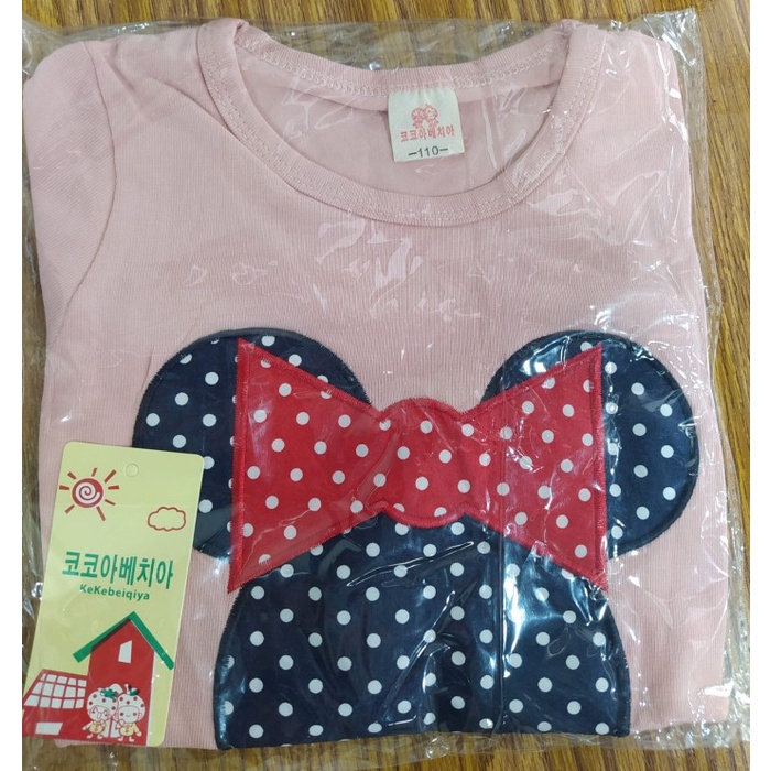 Kaos T-Shirt Anak Perempuan Lengan Panjang Minnie Mouse Pink & Hijau - Merah Muda, 100