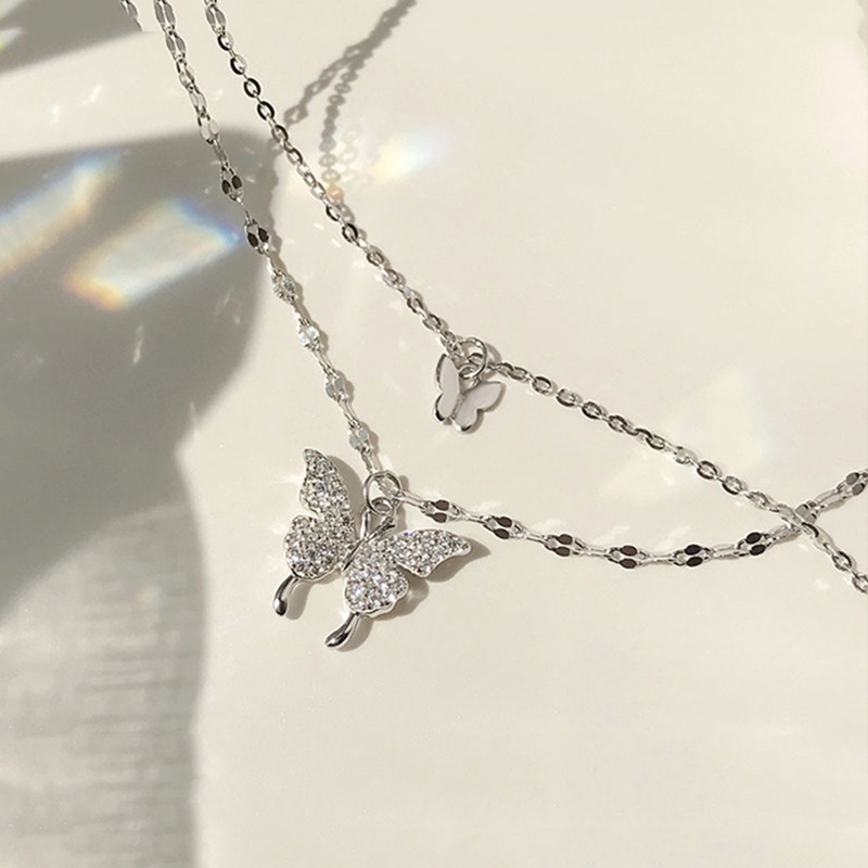 Charm Butterflies Silver Chain Necklace Kalung Pendant Elegant Crystal Clavicle Necklaces for Women Lady Jewelry