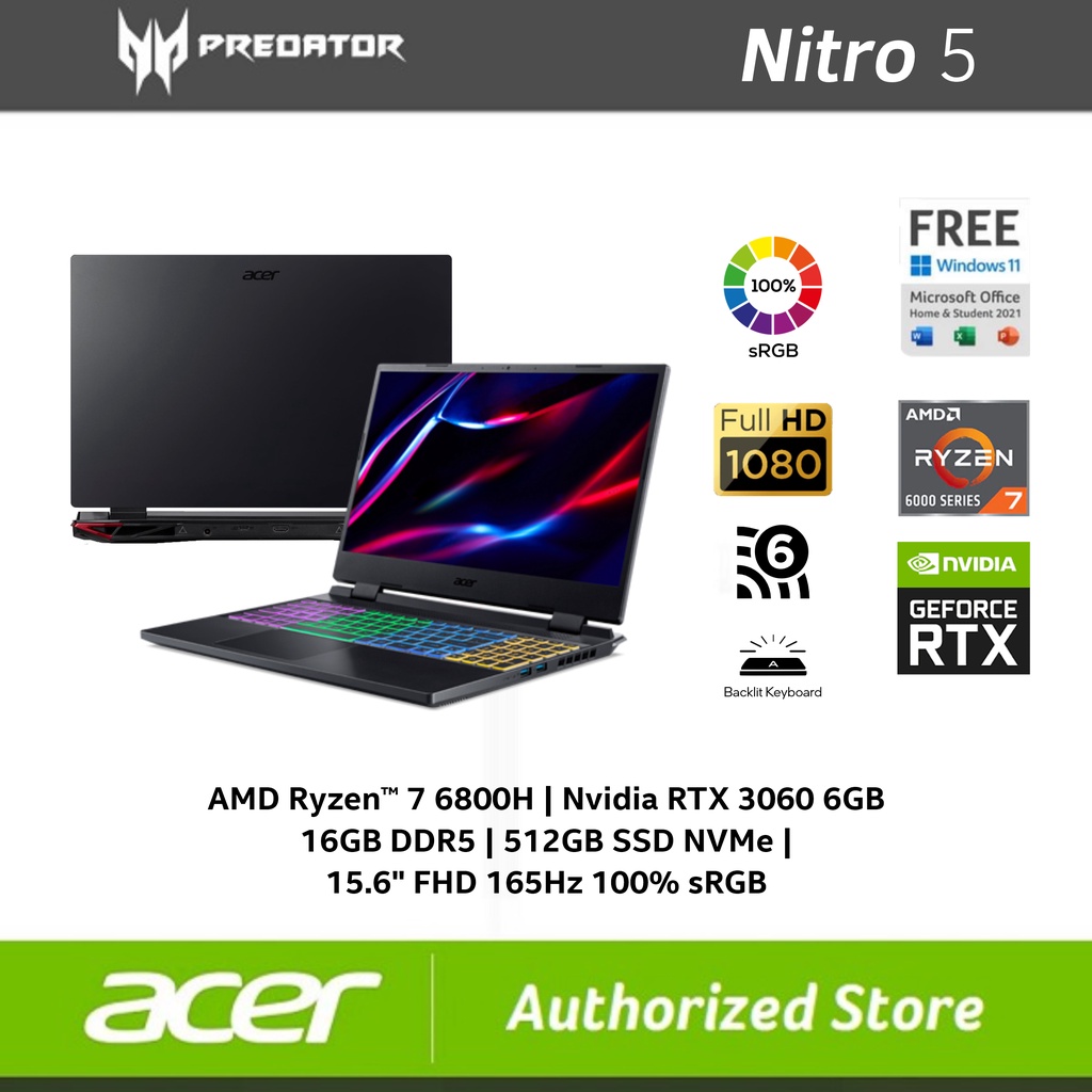 ACER Nitro 5 AN515-46 AMD RYZEN 7-6800H RTX3060 6GB DDR5 16GB SSD 512GB 15.6&quot; FHD 165Hz W11 OHS