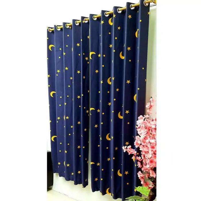 Gorden Jendela/Pintu/Gordyn Katun Sprei Kotak Bulan Bintang/Hordeng - Kotak Putih, Tinggi 100Cm