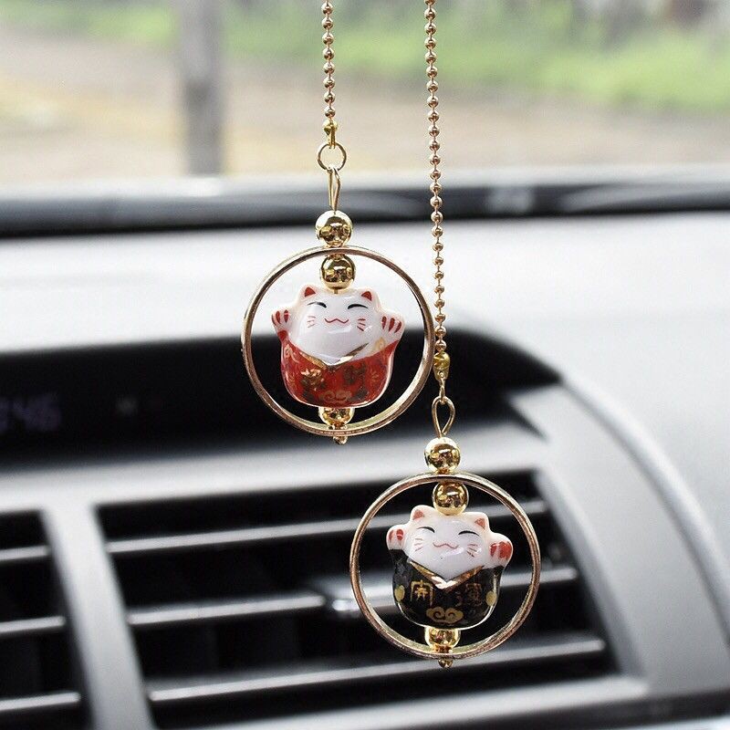 Car Pendant Maneki Necko 2in1 | Gantungan Pajangan Kucing Hoki Kaca Spion Tengah Mobil