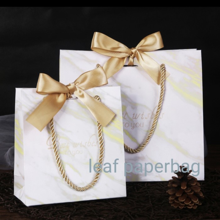 

paper bag tutupan motif marble marmer tebal mewah kado kotak box putih - Putih, L