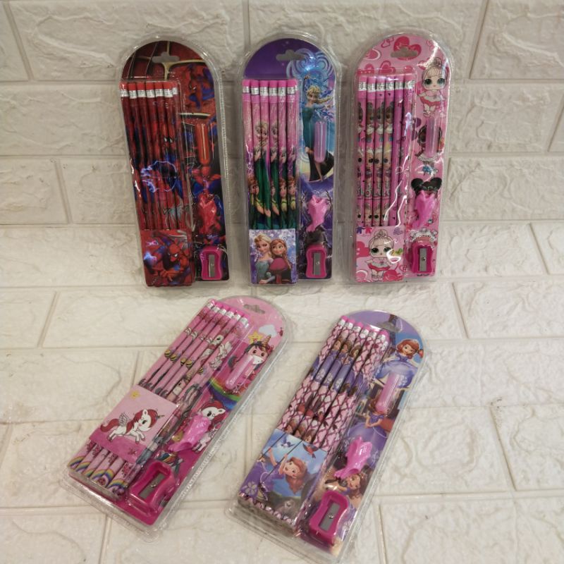 

pensil tulis Karakter isi 12 pcs karakter Spiderman, Lol, unicorn, Sofia, Frozen