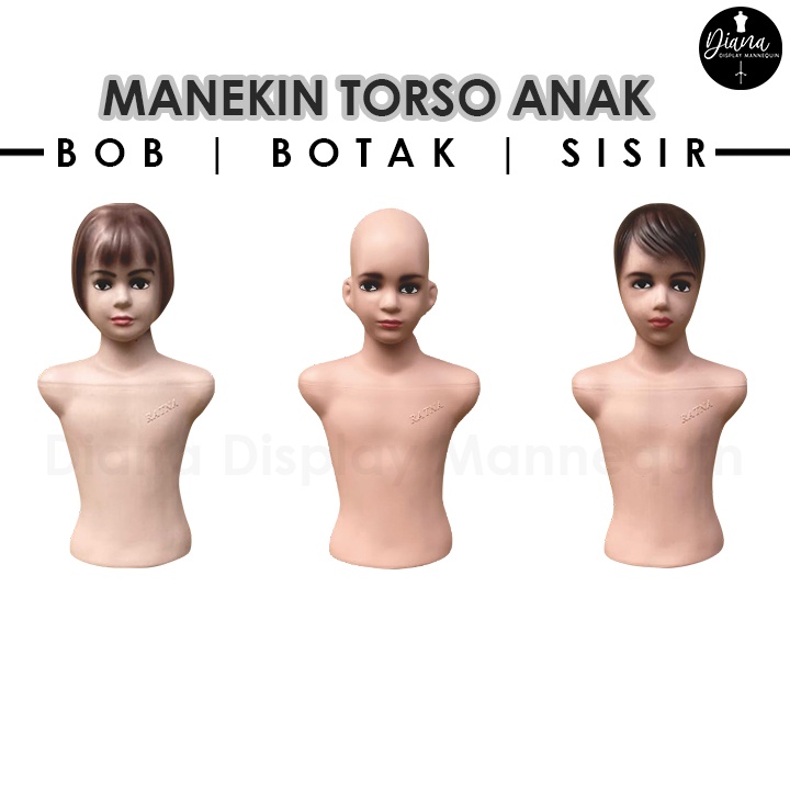 PATUNG MANEKIN BAJU TORSO ANAK SETENGAH BADAN DENGAN KEPALA BOTAK RAMBUT BOB ATAU SISIR