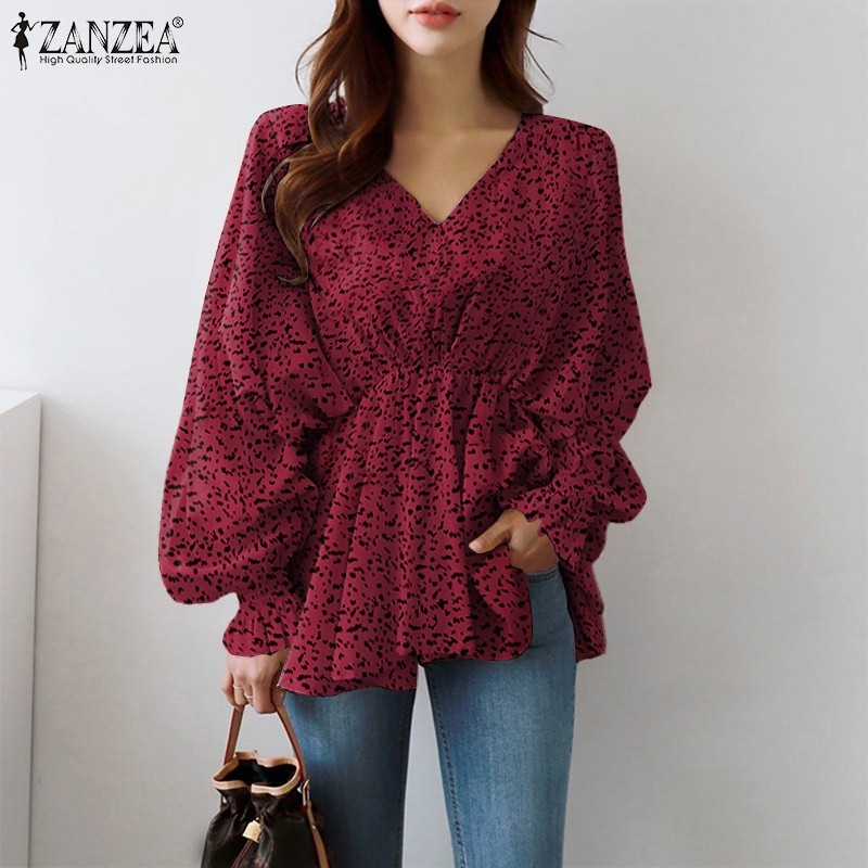 ZANZEA Women Fashion Full Sleeve V Neck Leopard Printed Casual Loose Blouse