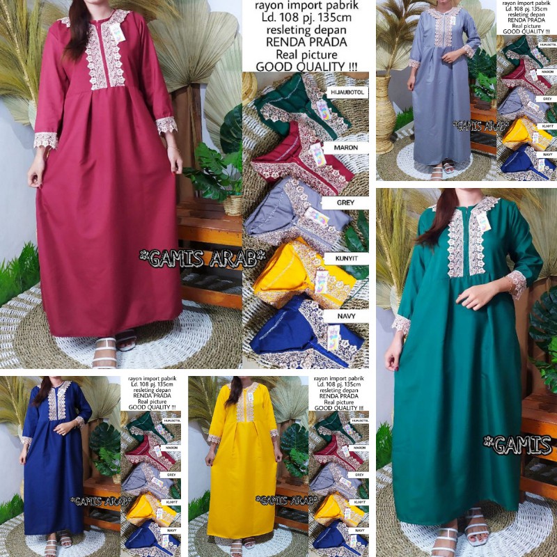 DASTER ARAB RENDA PRADA GOLD LENGAN PANJANG MOTIF POLOS RESLETING DEPAN BUSUI RAYON TERBARU MURAH