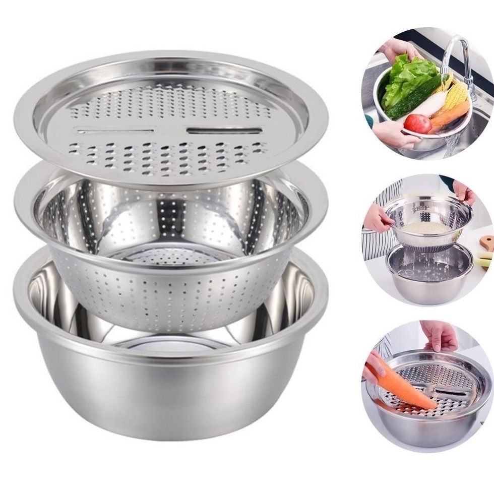 Baskom  Stainless 3 in 1 Parutan Baskom Saringan Cuci Sayur Stainless (3pcs)