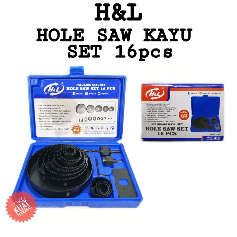Hole saw kit set H&L mata bor triplek kayu isi 16pcs 19mm - 127mm