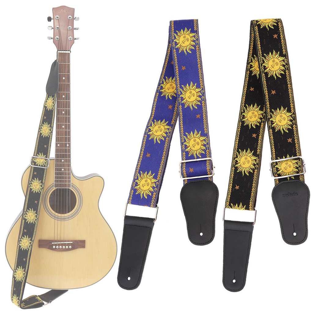 Strap Gitar Akustik / Elektrik / Bass Motif Bunga Matahari Bahan Kulit Asli Ukuran 168CM / 66.14 &quot;Sun Flower