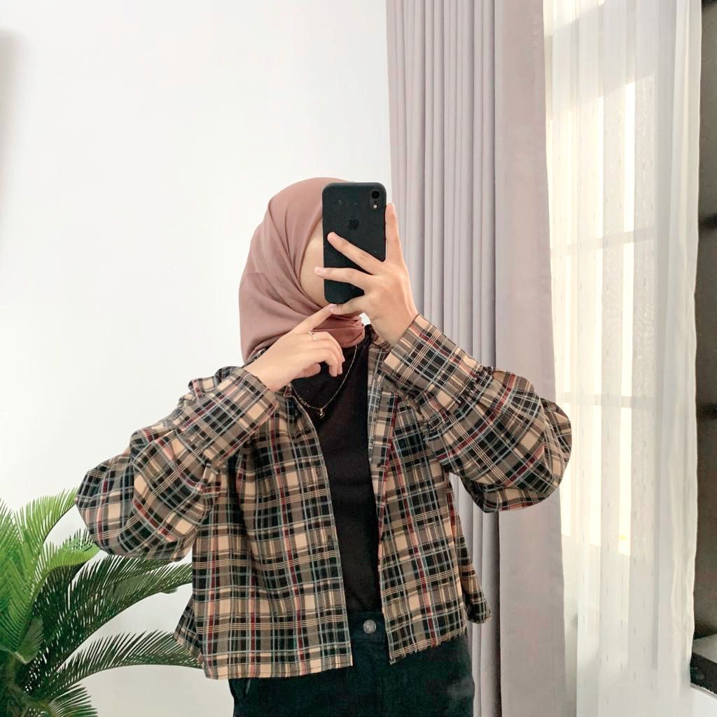 READY STOCK KEMEJA CROP TARTAN OUTER || CROP TARTAN SHIRT || OVERSIZE CROP TARTAN || KEMEJA CROP LENGAN PANJANG-NUMMA POPY new