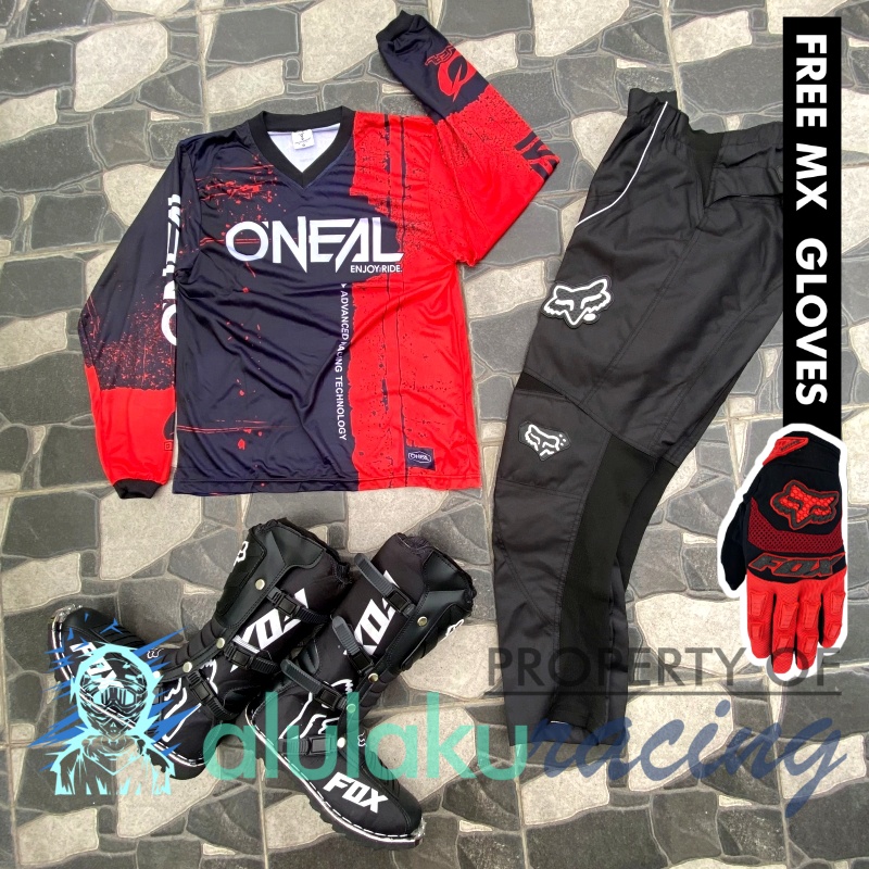 Jersey, Celana, Sarung Tangan &amp; Sepatu Fullprint with Protectors Fullset MX Trail Motocross - Paket Bundling ONCTFG030101-F43