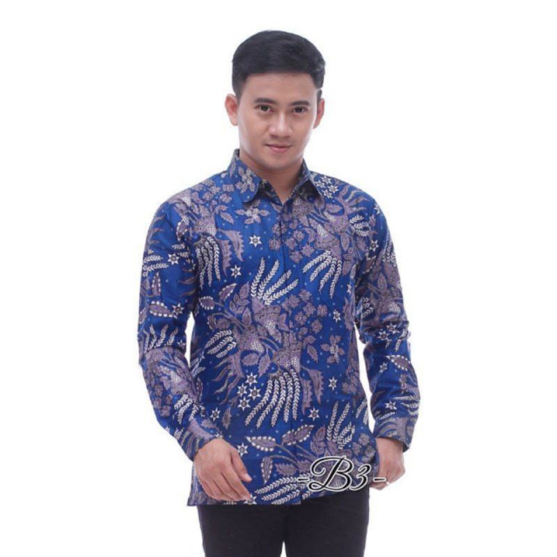 M L XL XXL ATASAN KEMEJA BATIK PRIA COWOK MOTIF MANGGAR WARNA BIRU ELEKTRIK DONGKER NAVY NAVI FORMAL