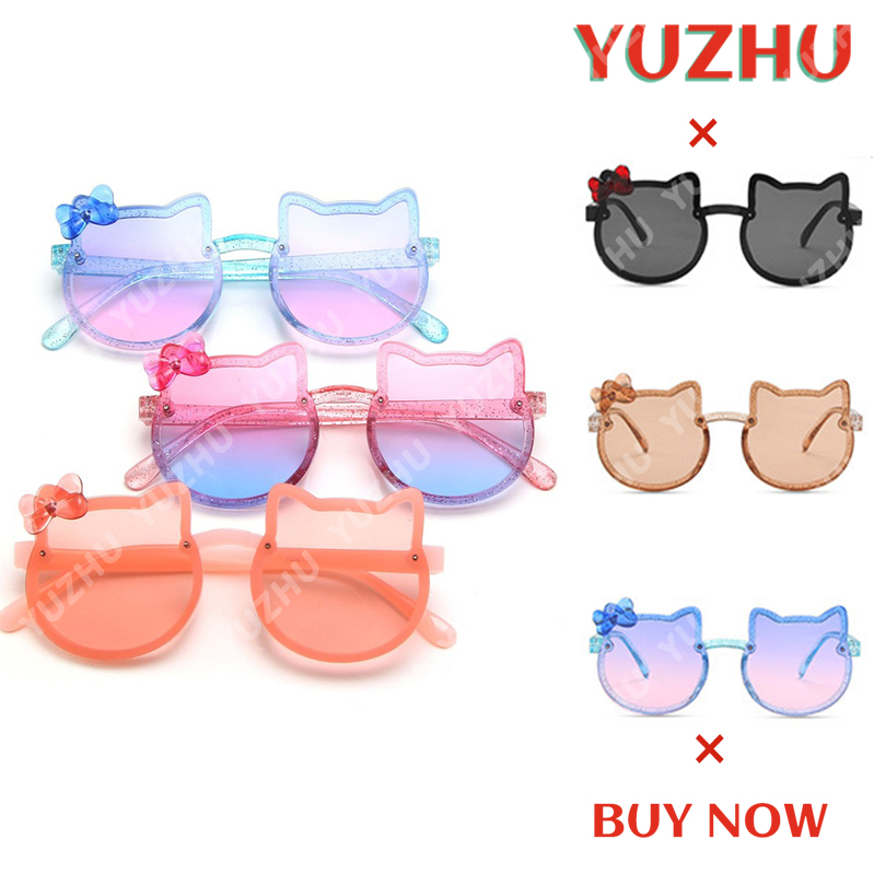 【YUZHU】COD New Fashion Glitter Cartoon Cute Kitten Bow Sunglasses untuk Anak-Anak