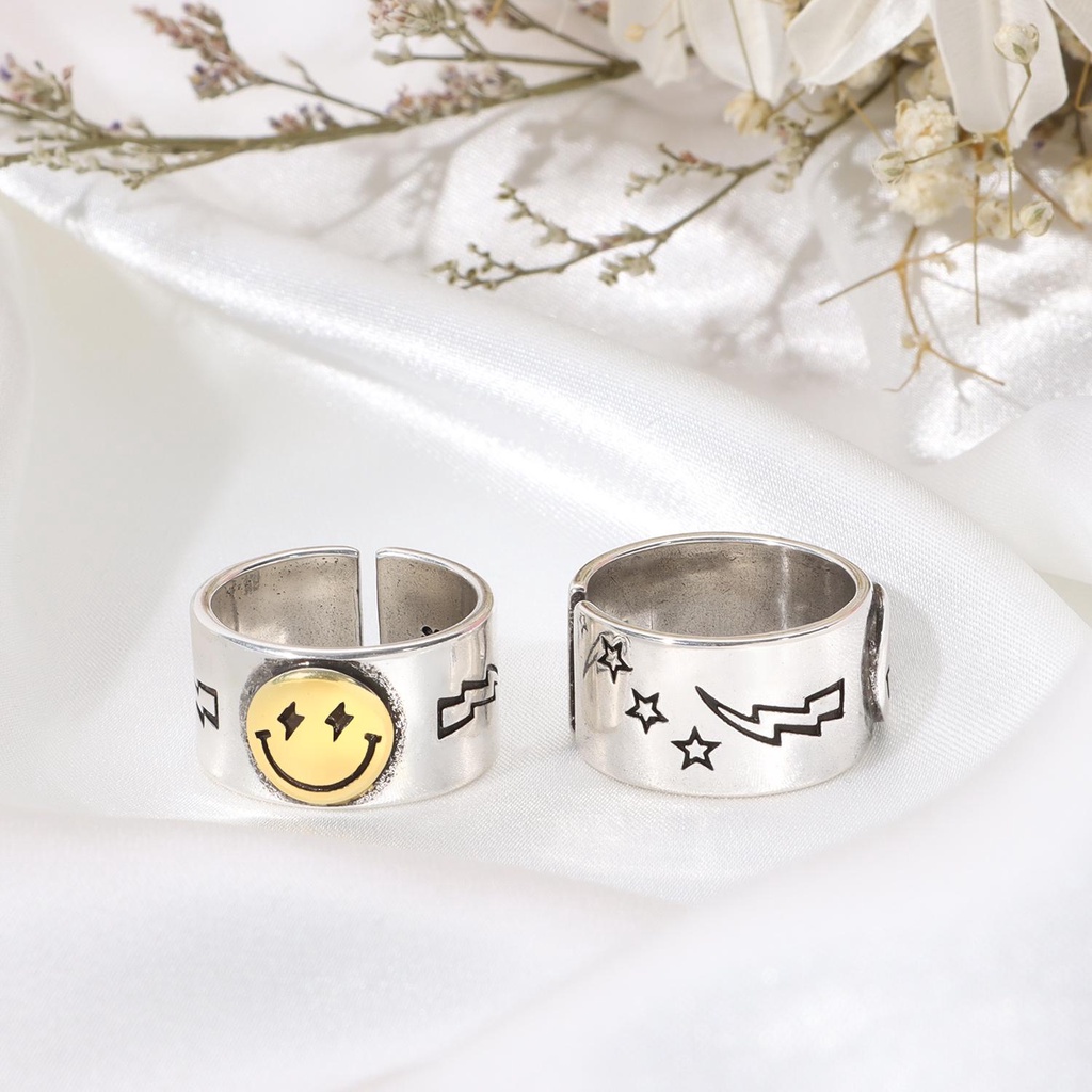 Solighter 1/2PCS Smiley Face Cincin Gadis Vintage Rantai Jari Terbuka