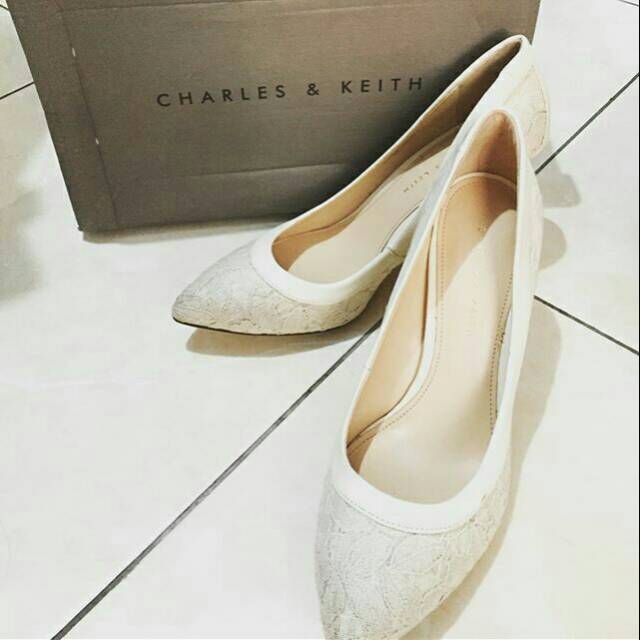 Charles & Keith White Lace Heels