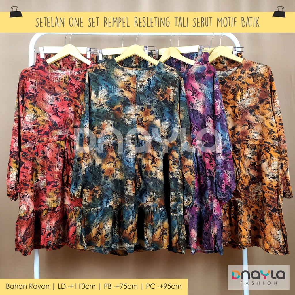 One Set Rempel Resleting Tali Serut / Setelan Celana Panjang / Setelan Baju Wanita Motif Batik