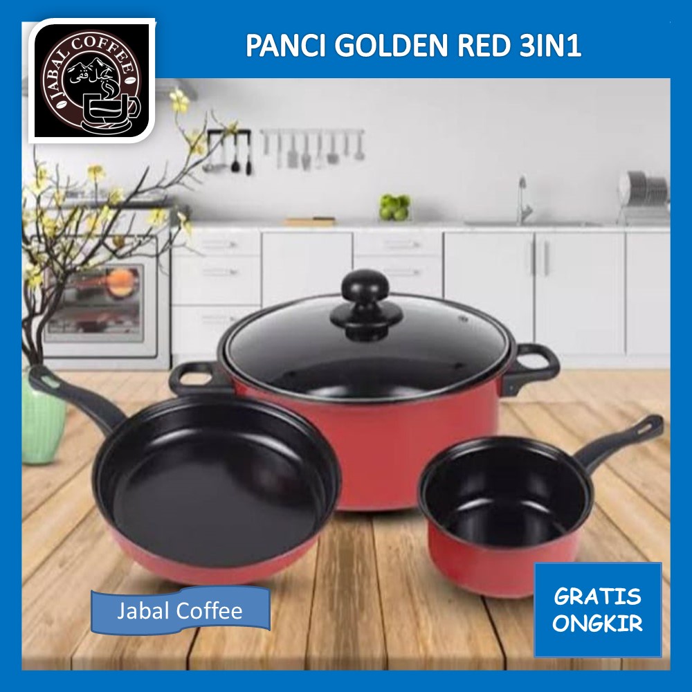 Panci Golden Red / Panci Set 3 In 1 / Panci Anti Lengket