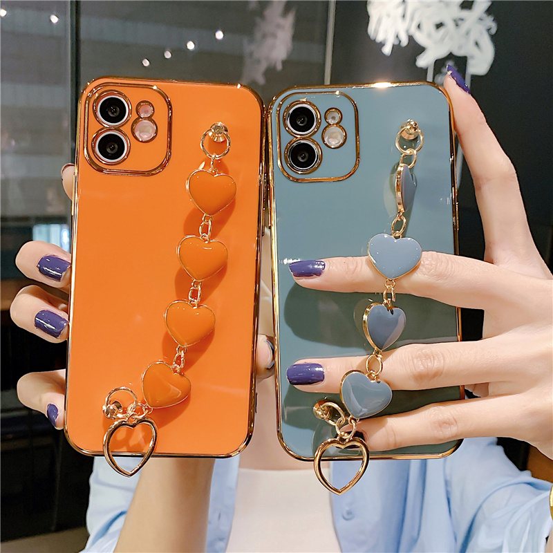 Soft Case Electroplating Motif Hati Dengan Tali Pergelangan Tangan Untuk Iphone 12pro Max 12 Mini 11pro Max Xs Max Xr 7 / 8 / Se 2020 7plus / 8plus