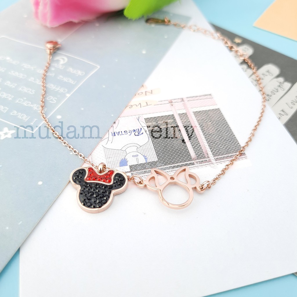 Gelang Rantai Titanium Desain Minnie Warna Rose Gold, Gold dan Silver