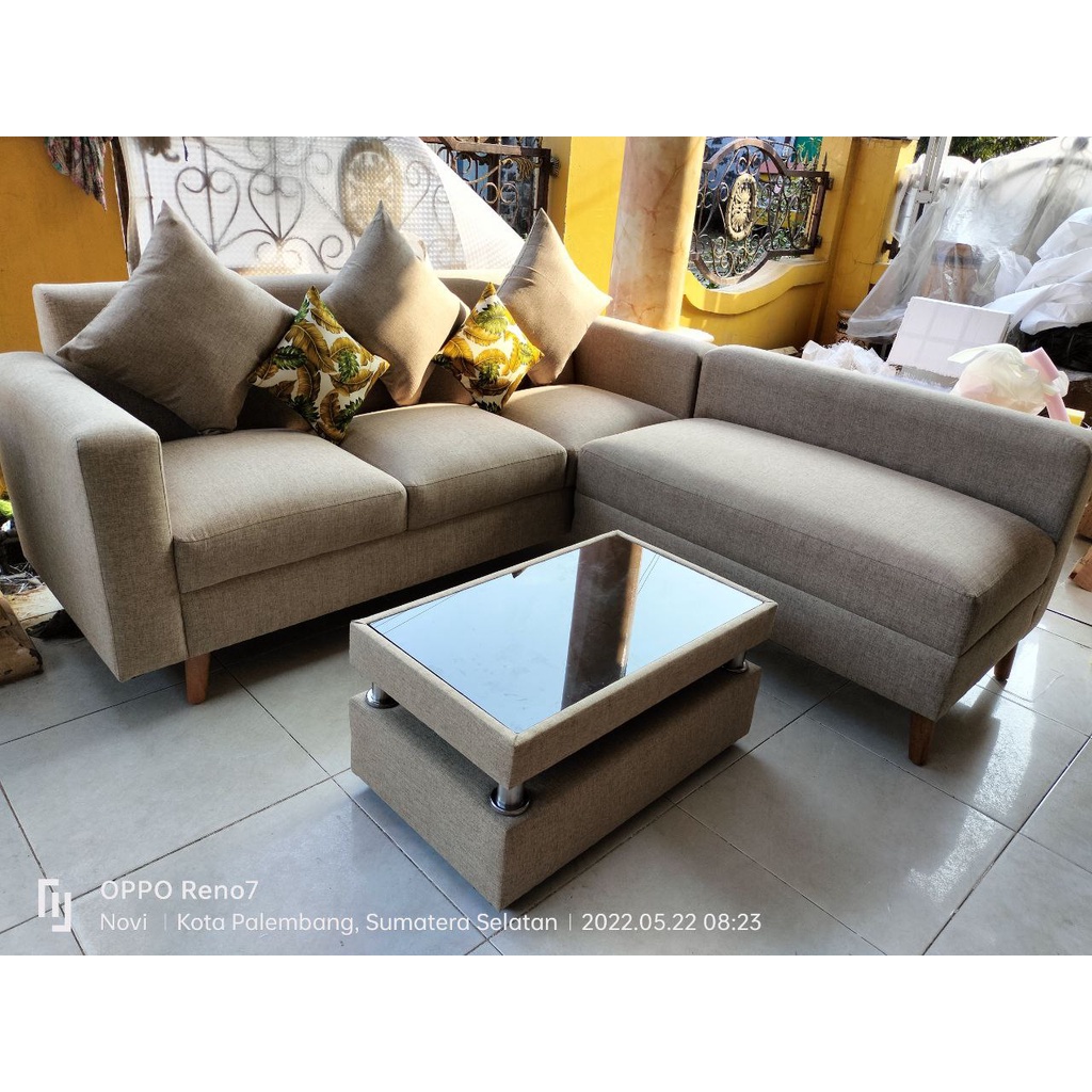 Sofa L Putus Retro + Meja + Kaca Premium