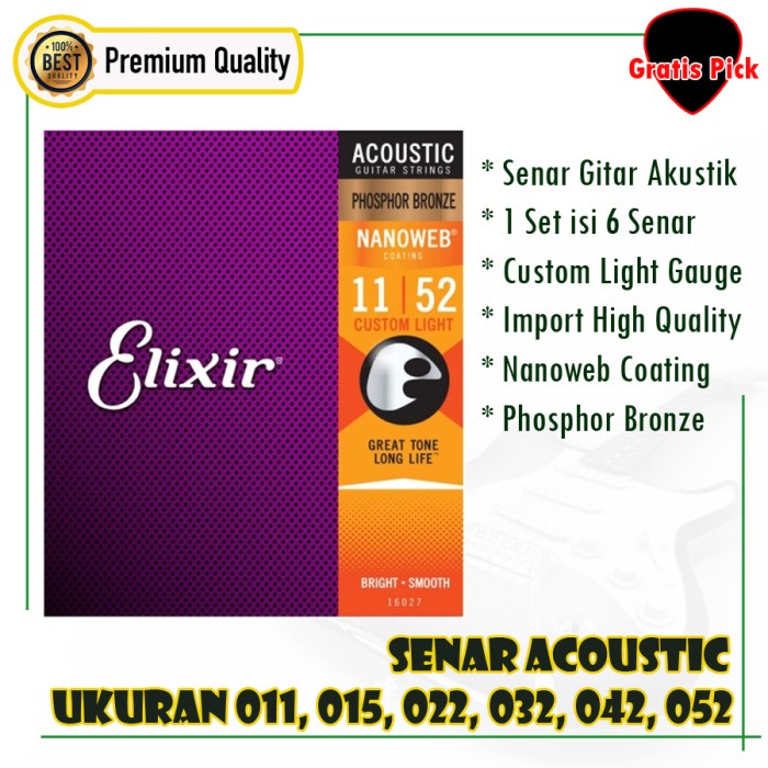 Senar Gitar Akustik Elixir Phosphor Bronze 011-052 Nanoweb Tahan Karat