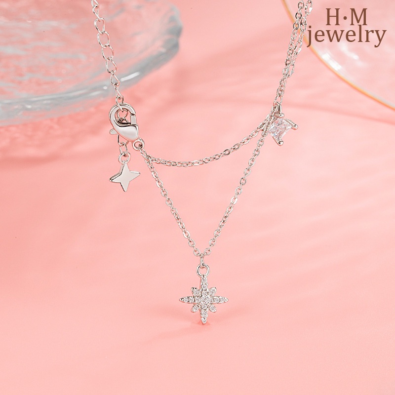 2022 Kalung Rantai Clavicle Simple Dua Lapis Dengan Liontin Bintang + Berlian Imitasi Untuk Wanita