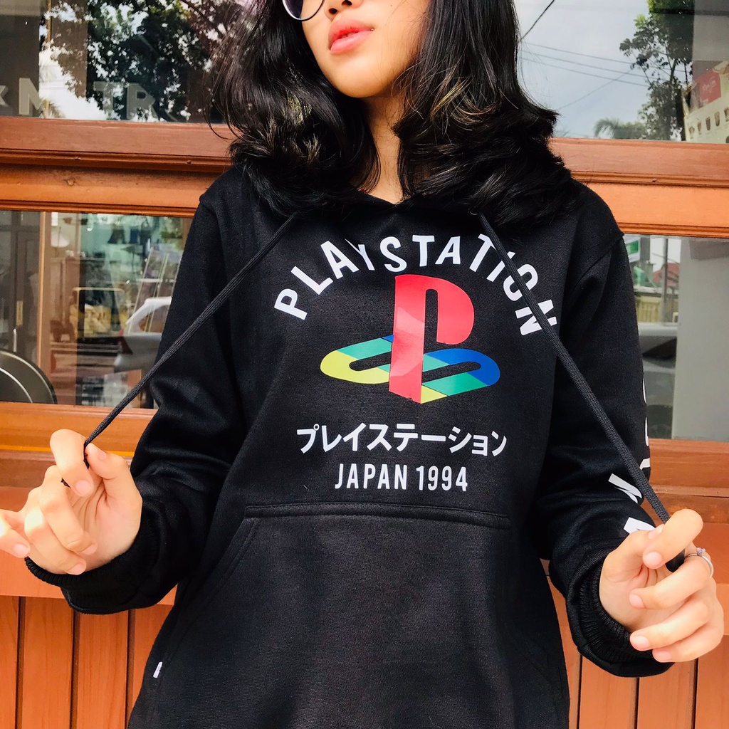 Sweater Hoodie PS Kanji Japan 1994 Black Playstation Gamer Sejati