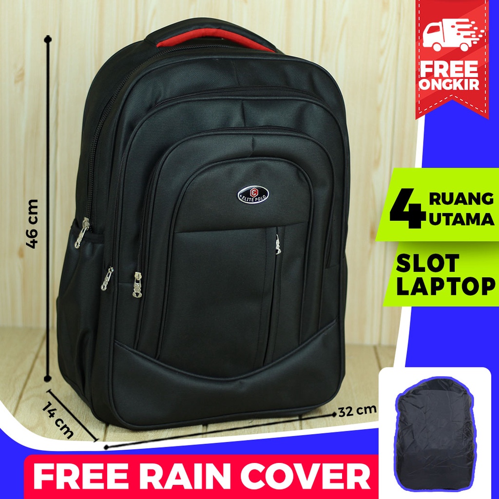 Tas Ransel Elite Polo Resleting Depan Hitam Back Pack Pria Cowok Keren Tas Laptop FREE RAIN COVER