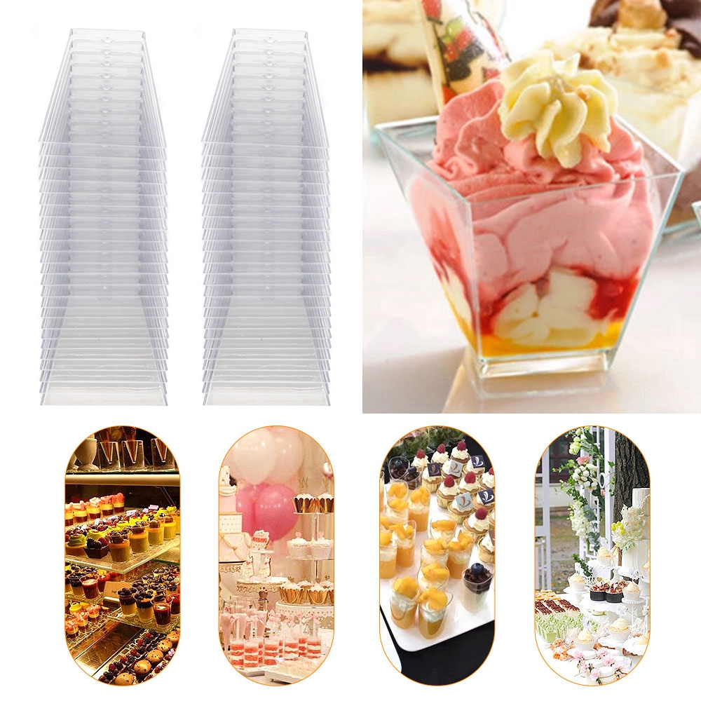 50 Pcs Cangkir Dessert Sekali Pakai Bentuk Persegi Bahan Plastik Ukuran 60ml