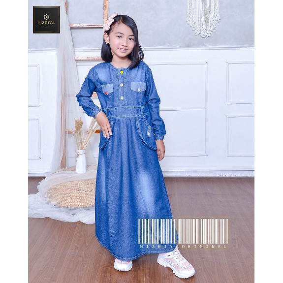 Dress / Gaun Panjang Gamis Maxi Jeans Anak Perempuan untuk umur 2thn - 10 thn original by HIZBIYA