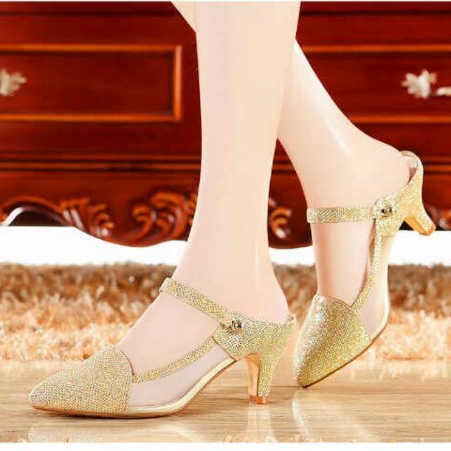 Heels Pesta Wanita Formal Haigh Hill Casual Heels Cantik Sendal Slop Hak Tinggi Sandal Kondangan Kek