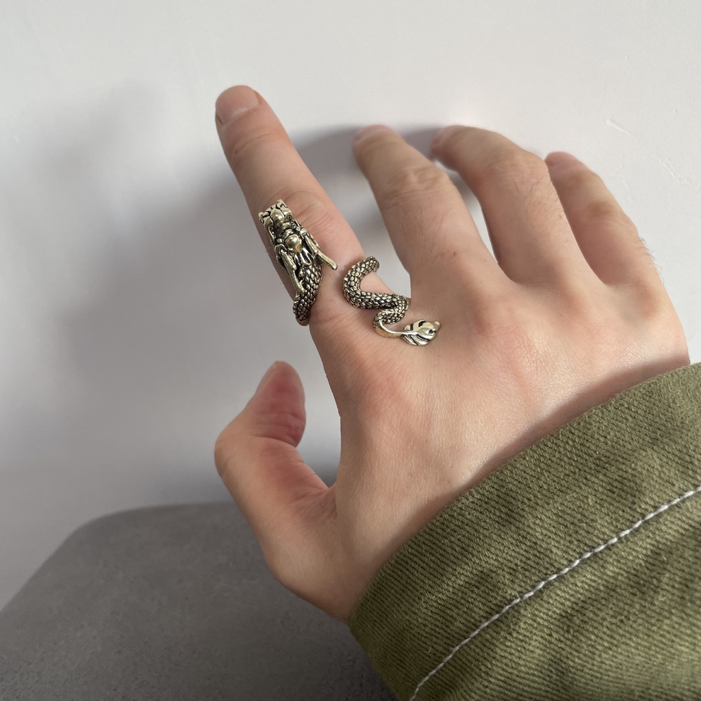 Cincin Bentuk Hewan Naga Bahan Zinc Alloy Adjustable Gaya Vintage Untuk Hadiah