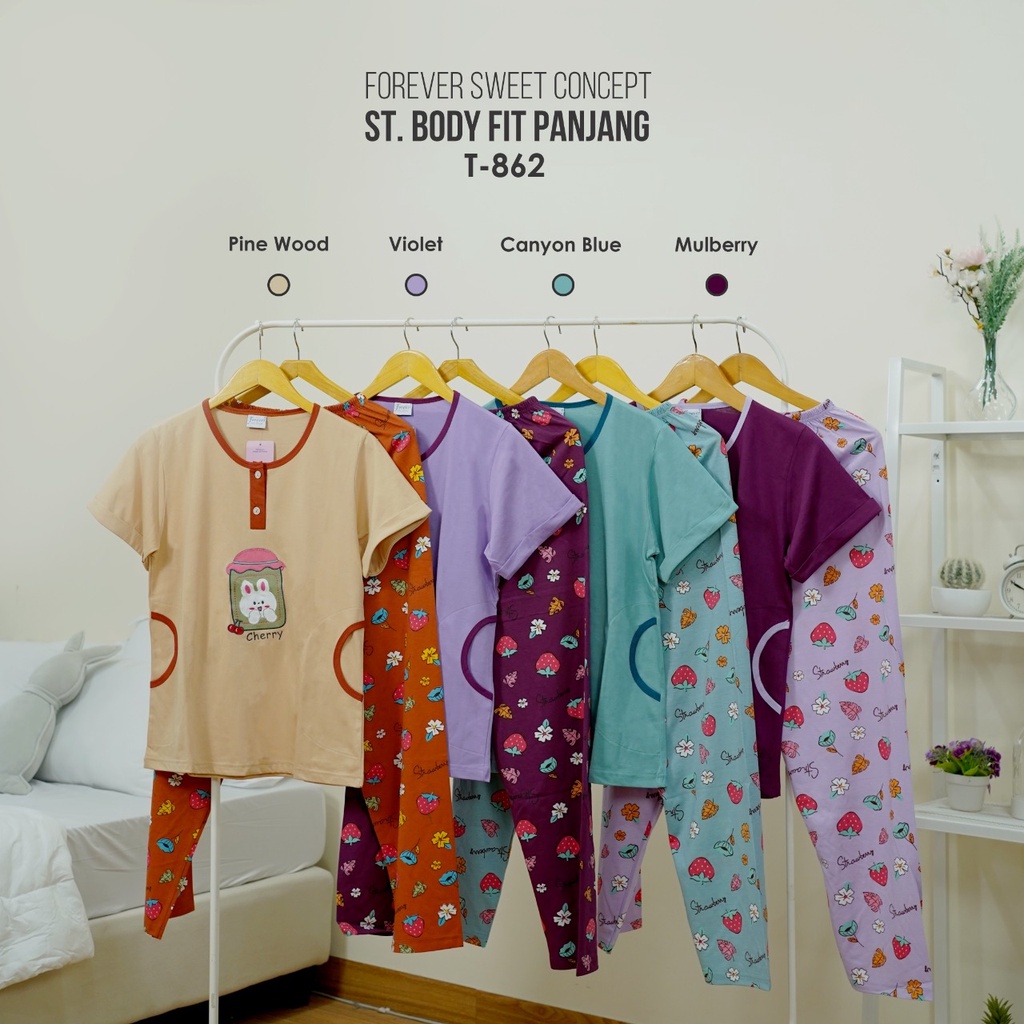 FOREVER SWEET Setelan Celana Panjang Lengan Pendek Baju Rumah Wanita T 862