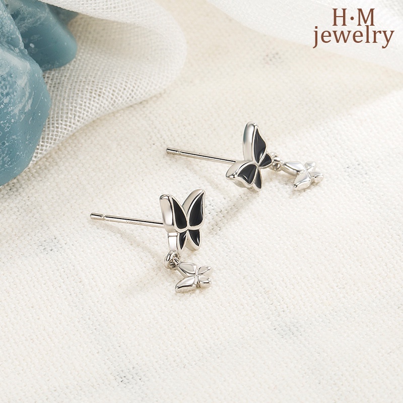 Anting Tusuk Sterling Silver 925 Model Kupu-Kupu Hitam Tua Untuk Wanita Butterfly