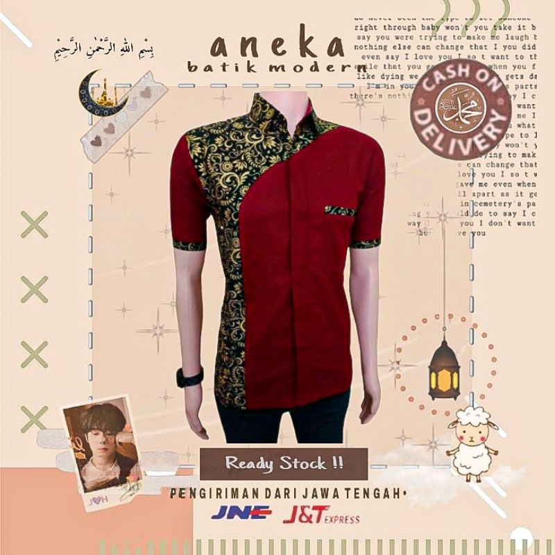 BAJU KOKO PRIA KOMBINASI BATIK LENGAN TANGAN PENDEK WARNA MERAH MAROON MARUN GOLD LEBARAN