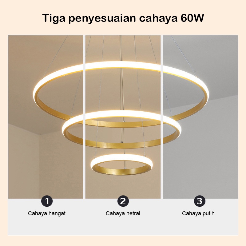 ⭐Garansi 1 Tahun⭐Lampu Gantung Emas 3 Ring LED 3 Warna Ceiling Lamp Sederhana Ruang Makan Ruang Tamu Chandelier Murah