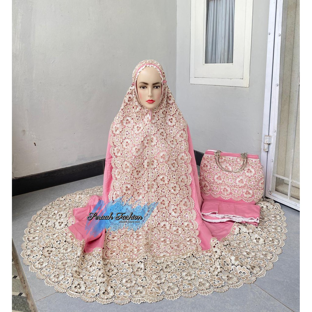 MUKENA MAWAR RENDA PRADA BAHAN SUPERSILK PREMIUM KOMBINASI RENDA PRADA