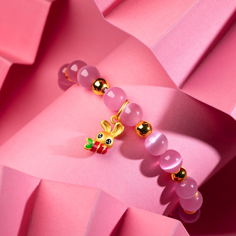 Set Kalung Gelang Emas Asli Kadar 375 Desain Mata Kucing Lobak Kelinci Warna Pink