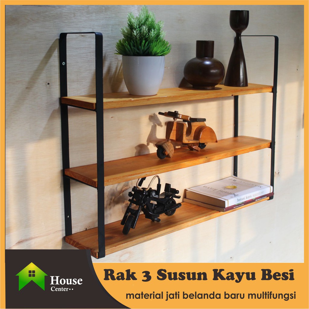 Rak Dinding 3 susun tebal light brown/Rak Besi Papan Kayu gantung/rak