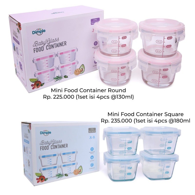 Little Dimple Baby Food Glass Container Set 3pcs &amp; 4pcs