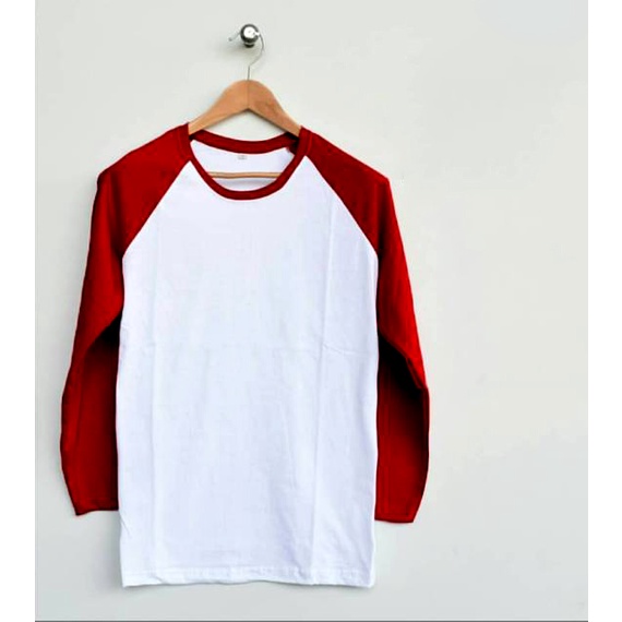 Kaos Raglan Putih Merah Marun Lengan Panjang