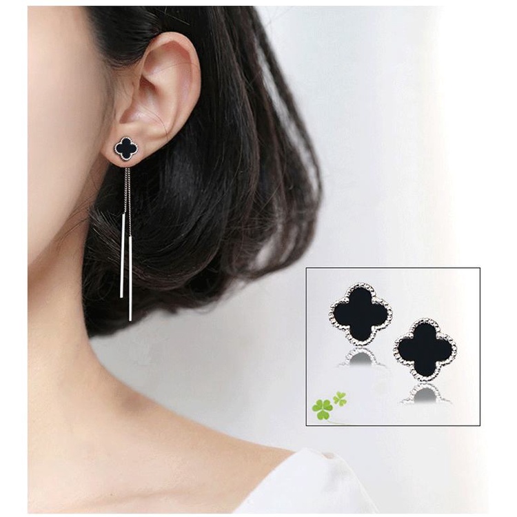 Anting Korea Panjang Clover Hitam / Panjang Gaya Korea / Perhiasan Aksesoris Tassel Wanita Dalika