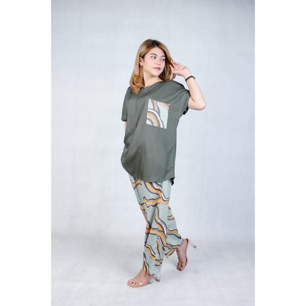 Setelan Piyama Babydoll Lengan Pendek Kekinian Baju Tidur One Set Rayon Premium Wanita Dewasa Busui-Army Wave